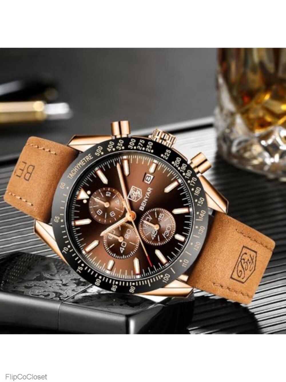Men's Chronograph Quartz Watch Stainless Steel Case Silicone Strap - Picture 3 of 6